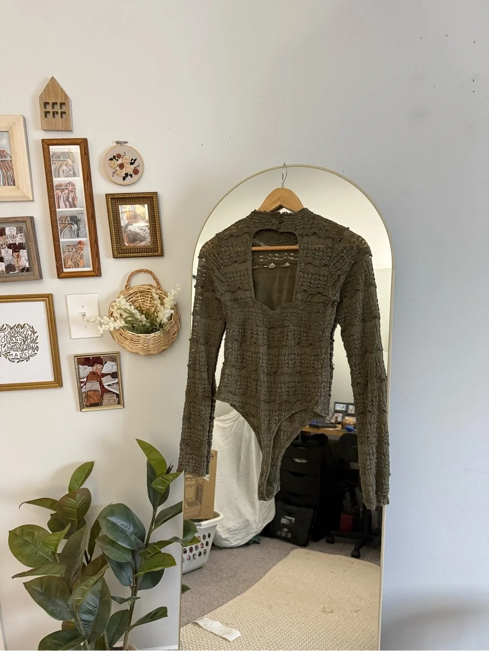 Free People Olive Green Angelina Lace Bodysuit